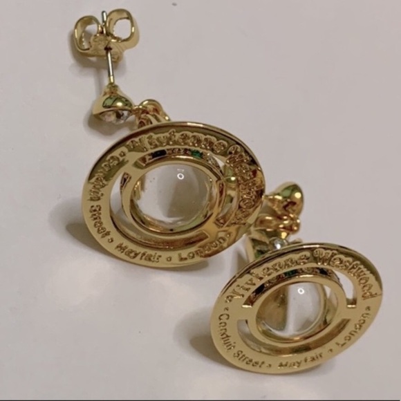 18k gold plated crystal signature Saturn Orb drop earrings new - Picture 2 of 8